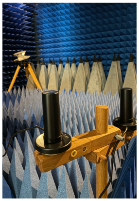 two antenna of a mobile base station and a receiving antenna in an anechoic chamber with a length of 4 meter